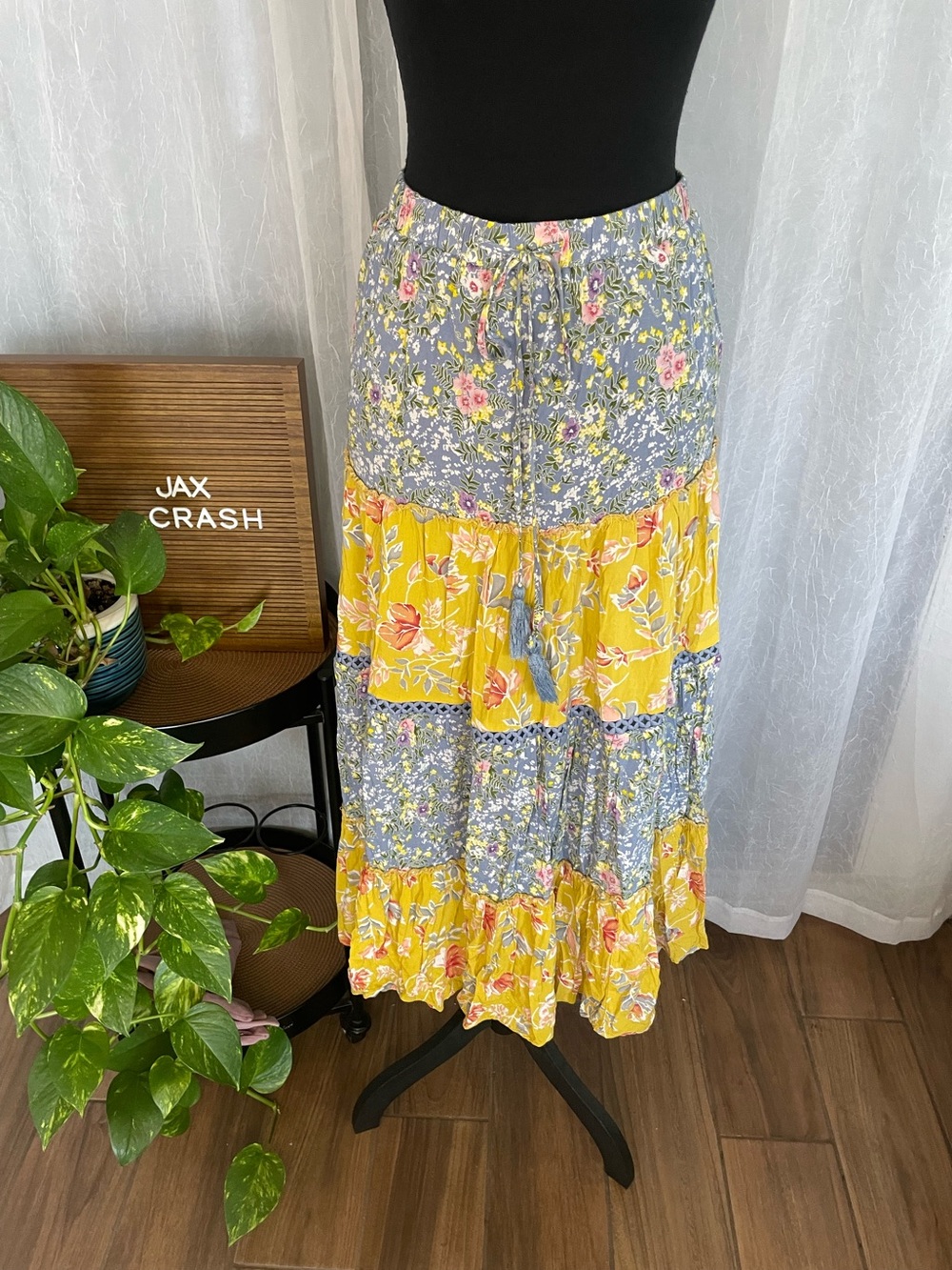 Solitaire Yellow & Blue Floral Tiered Maxi Skirt